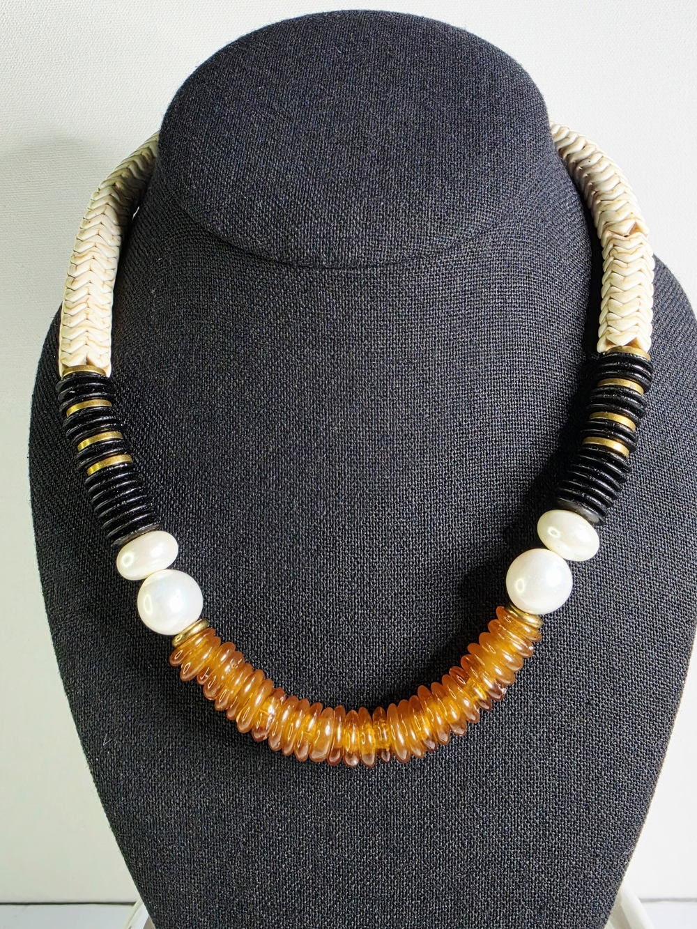 Serafina Vintage Resin Geometric Bead Necklace with Pearl Accents
